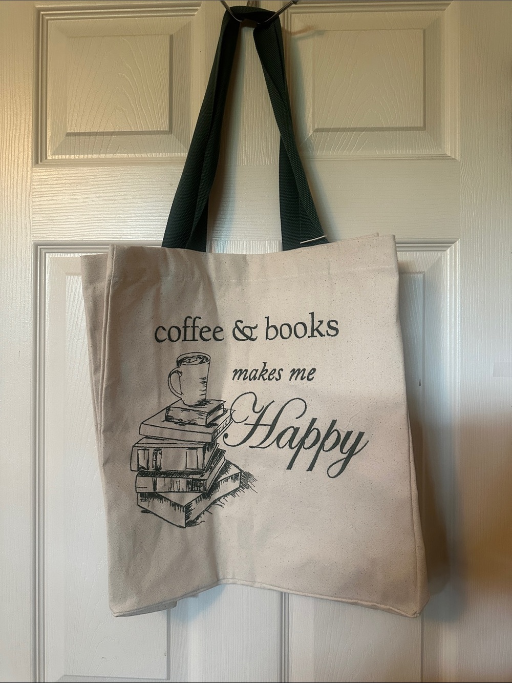 Canvas Tote Bag - Coffee & Books Print in Natural with Black Text